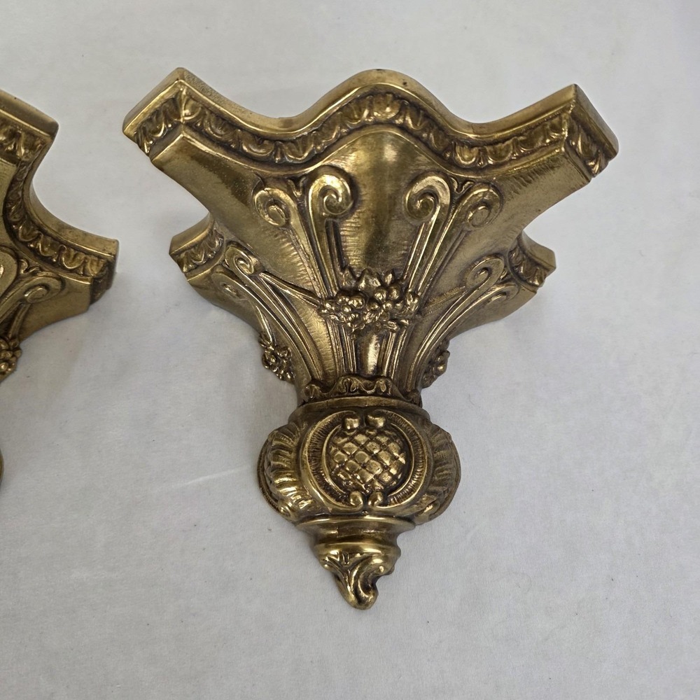 Pair of 2 Vintage Ornate Gilded Brass Wall Sconce Shelves MCM Hollywood Regency - Picture 4 of 14